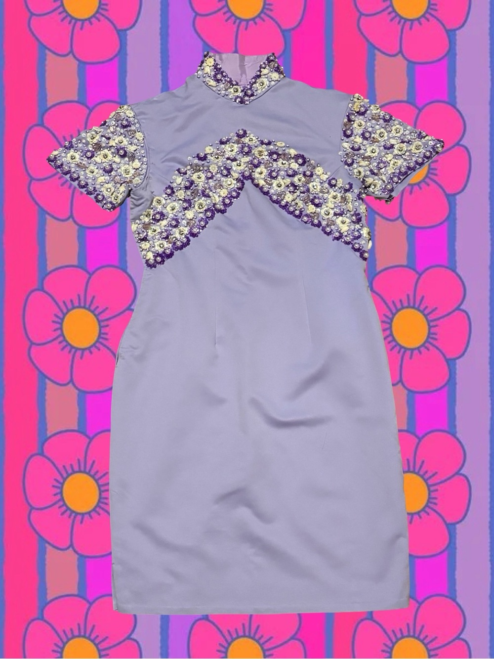 Vintage Lilac Mini Cheongsam Dress with Floral Bead Embellishments